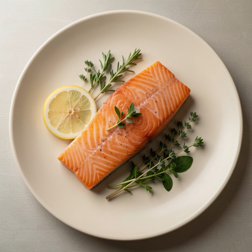Gedämpftes Lachsfilet auf einem hellen Teller mit frischen Kräutern und Zitronenscheibe, Draufsicht