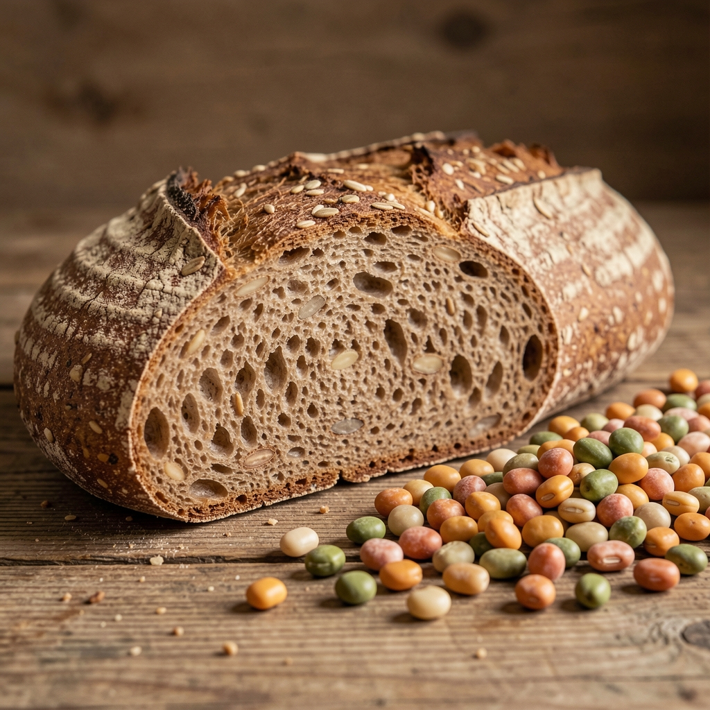 Vollkornbrot, frische Hülsenfrüchte und dunkles Blattgemüse auf hellem Holzuntergrund, Draufsicht